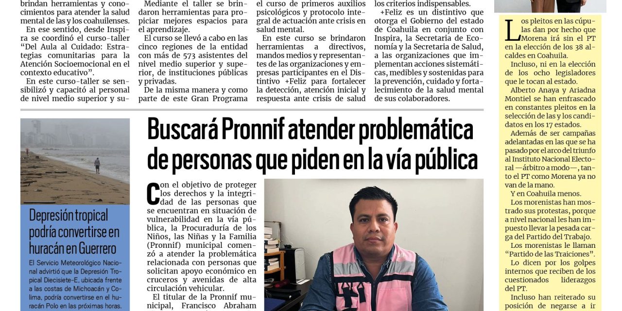 Portada RCG Fronteriza [21 de septiembre de 2026] Fortalece Inspira Coahuila la atención a la salud mental; buscará Pronnif atender problemática de personas que piden en la vía pública y más…