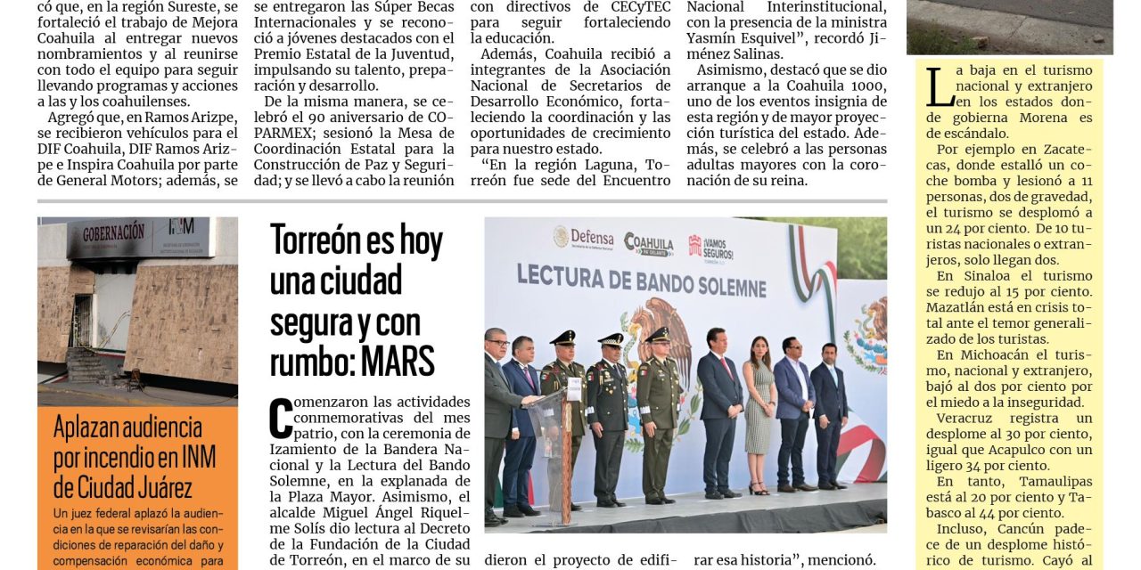 Portada RCG Lagunera [2 de septiembre de 2026] Agosto fue un mes de mucho trabajo y resultados: Manolo Jiménez; Torreón es hoy una ciudad segura y con rumbo: MARS y más…