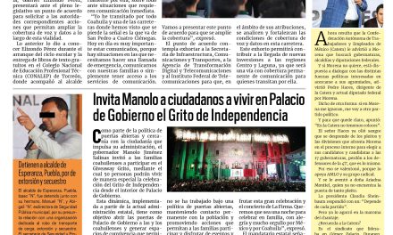 Portada RCG Lagunera [8 de septiembre de 2026] Impulsa Gabriel Elizondo conectividad de telefonía para la carretera 30; invita Manolo a ciudadanos a vivir en Palacio de Gobierno el Grito de Independencia y más…