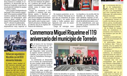 Portada RCG Lagunera [16 de septiembre de 2026] ‘Viva Coahuila, tierra de unidad, seguridad y calidad de vida’; conmemora Miguel Riquelme el 119 aniversario del municipio de Torreón y más…