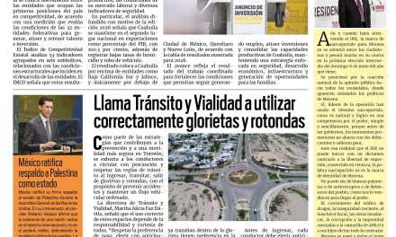 Portada RCG Lagunera [28 de septiembre de 2026] Coahuila se mantiene en el top 5 de competitividad a nivel nacional; llama Tránsito y Vialidad a utilizar correctamente glorietas y rotondas  y más…