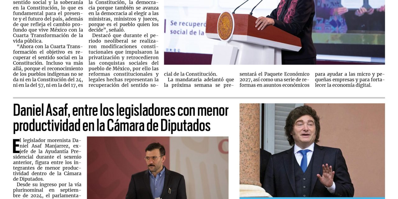 Portada RCG Nacional e Internacional [3 de septiembre de 2026] Presidenta resalta aprobación de reformas a favor de los mexicanos; Daniel Asaf, entre los legisladores con menor productividad en la Cámara de Diputados y más…