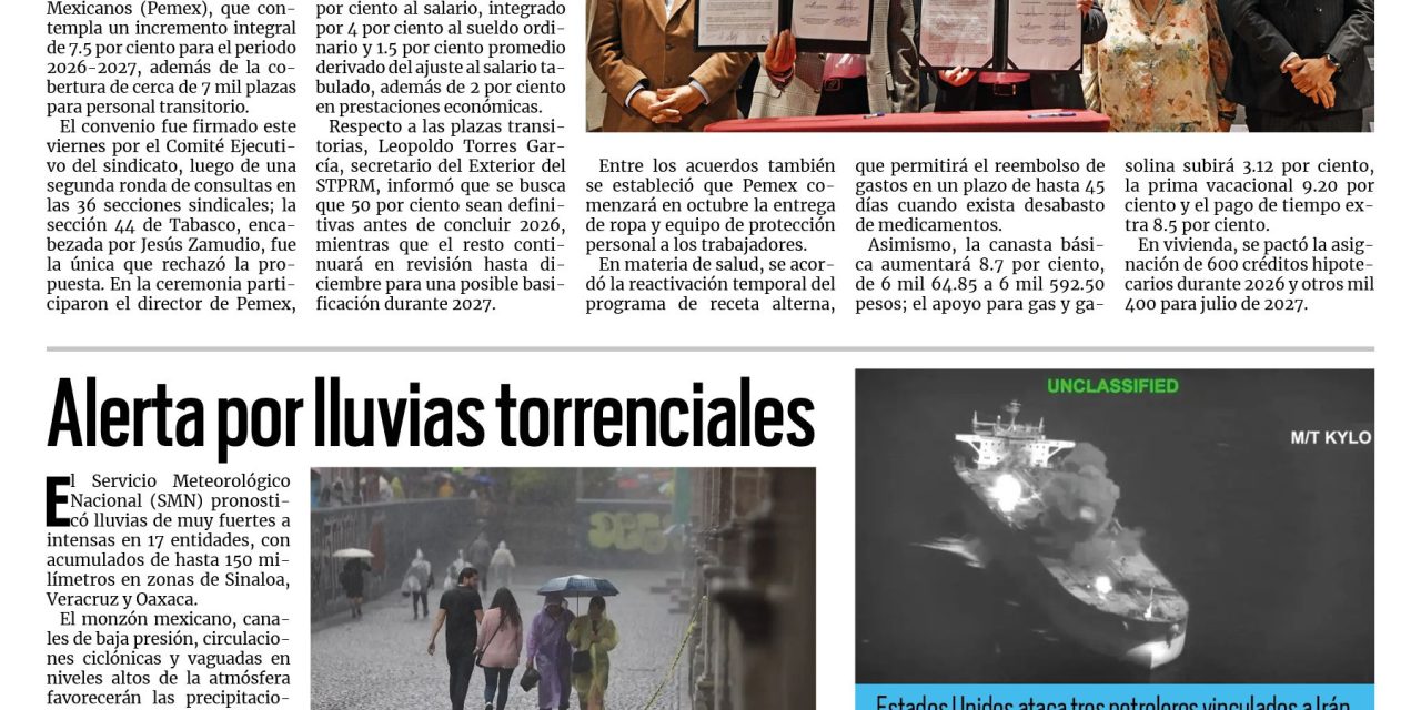 Portada RCG Nacional e Internacional [6 de septiembre de 2026] Acuerdan Pemex y sindicato alza de 7.5% en salarios; Alerta por lluvias torrenciales y más…
