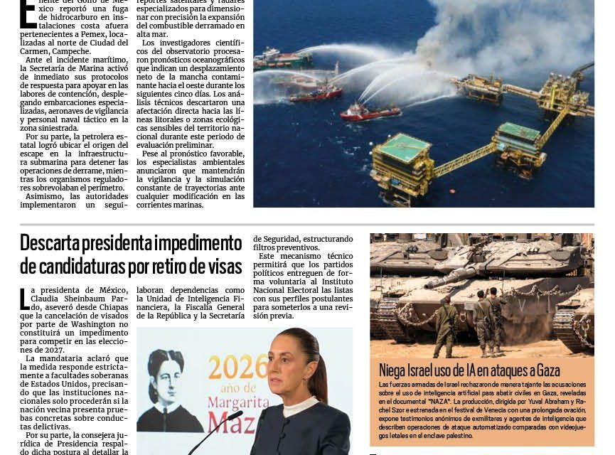 Portada RCG Nacional e Internacional [12 de septiembre de 2026] Autoridades reportan derrame petrolero en Campeche; descarta presidenta impedimento de candidaturas por retiro de visas y más…