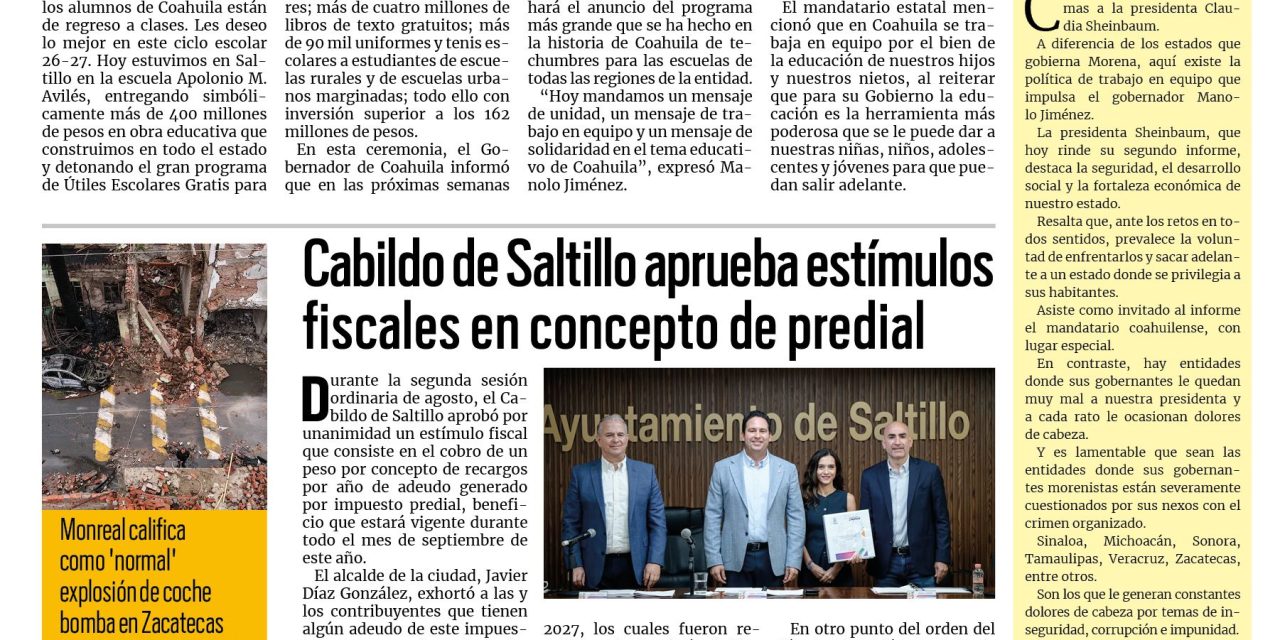 Portada RCG Media [1 de septiembre de 2026] Arranca Manolo Jiménez el Programa de Útiles Escolares para 500 mil alumnos; Cabildo aprueba estímulos fiscales en concepto de predial y más…