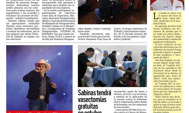 Portada RCG Carbonífera [4 de octubre de 2026] Fortalecemos coordinación con colectivos de personas desaparecidas: Manolo; Atienden drenaje y limpian arroyo en San Juan de Sabinas y más…
