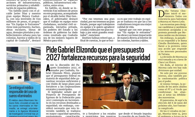 Portada RCG Carbonífera [6 de octubre de 2026] ‘En Equipo le Entramos’ con grandes obras: Manolo Jiménez; pide Gabriel Elizondo que el presupuesto 2027 fortalezca recursos para la seguridad y más…