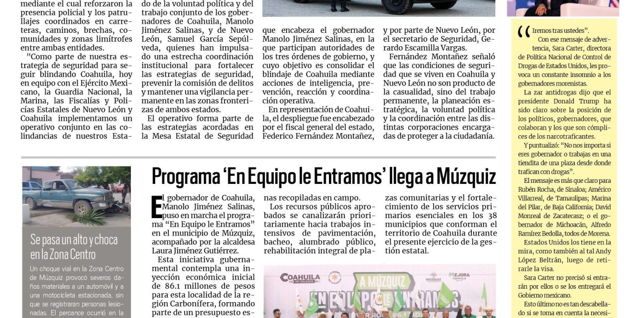 Portada RCG Carbonífera [10 de octubre de 2026] Coahuila blinda con  Nuevo León límites estatales; programa ‘En Equipo le Entramos’ llega a Múzquiz y más…