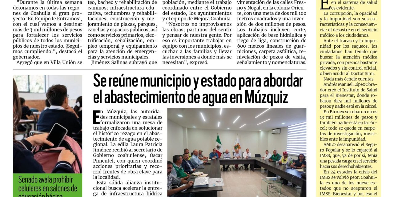 Portada RCG Carbonífera [13 de octubre de 2026] Proyecto ‘En Equipo le Entramos’ ya llegó a todo Coahuila: Manolo Jiménez; se reúne municipio y estado para abordar el abastecimiento de agua en Múzquiz y más…