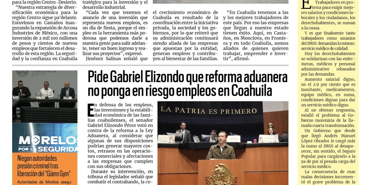 Portada RCG Carbonífera [14 de octubre de 2026] Inversión millonaria genera cientos de empleos en la región Centro; pide Gabriel Elizondo que reforma aduanera no ponga en riesgo empleos en Coahuila y más…