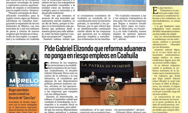 Portada RCG Carbonífera [14 de octubre de 2026] Inversión millonaria genera cientos de empleos en la región Centro; pide Gabriel Elizondo que reforma aduanera no ponga en riesgo empleos en Coahuila y más…