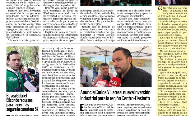 Portada RCG Centro [9 de octubre de 2026] Amarra Coahuila empresa de semiconductores por dos mmdp; busca Gabriel Elizondo recursos para hacer más segura la carretera 57 y más…