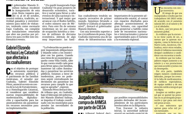 Portada RCG Centro [15 de octubre de 2026] ´Expo Coahuila, un proyecto de desarrollo económico, turístico y social’; Gabriel Elizondo rechaza Ley Catastral que afectaría a los coahuilenses y más…