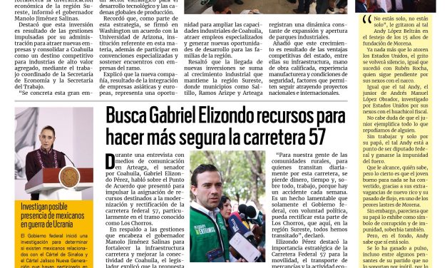 Portada RCG Fronteriza [9 de octubre de 2026] Amarra Coahuila empresa de semiconductores por dos mmdp; busca Gabriel Elizondo recursos para hacer más segura la carretera 57 y más…