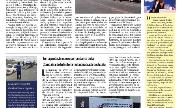 Portada RCG Fronteriza [10 de octubre de 2026] Coahuila blinda con  Nuevo León límites estatales; toma protesta nuevo comandante de la Compañía de Infantería no Encuadrada de Acuña y más…