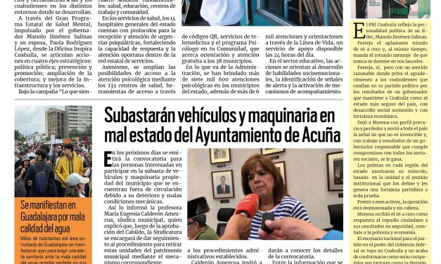 Portada RCG Fronteriza [12 de octubre de 2026] Fortalece Coahuila la atención a la salud mental en todo el estado; subastarán vehículos y maquinaria en mal estado del Ayuntamiento de Acuña y más…