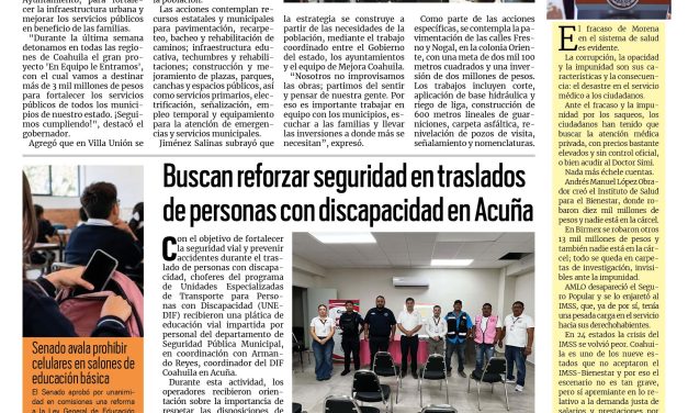 Portada RCG Fronteriza [13 de octubre de 2026] Proyecto ‘En Equipo le Entramos’ ya llegó a todo Coahuila: Manolo Jiménez; buscan reforzar seguridad de traslados de personas con discapacidad en Acuña y más…
