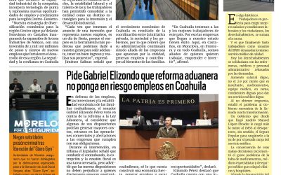 Portada RCG Fronteriza [14 de octubre de 2026] Inversión millonaria genera cientos de empleos en la región Centro; pide Gabriel Elizondo que reforma aduanera no ponga en riesgo empleos en Coahuila y más…