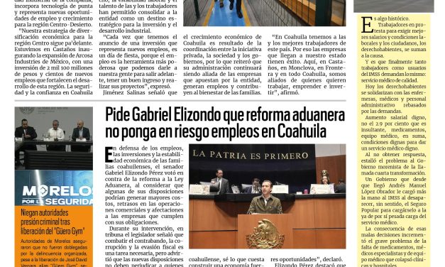 Portada RCG Fronteriza [14 de octubre de 2026] Inversión millonaria genera cientos de empleos en la región Centro; pide Gabriel Elizondo que reforma aduanera no ponga en riesgo empleos en Coahuila y más…
