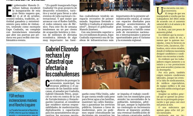 Portada RCG Fronteriza [15 de octubre de 2026] ´Expo Coahuila, un proyecto de desarrollo económico, turístico y social’; Gabriel Elizondo rechaza Ley Catastral que afectaría a los coahuilenses y más…