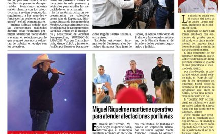 Portada RCG Lagunera [4 de octubre de 2026] Fortalecemos coordinación con colectivos de personas desaparecidas: Manolo; Torreón atiende reportes en zonas afectadas por lluvias y más…
