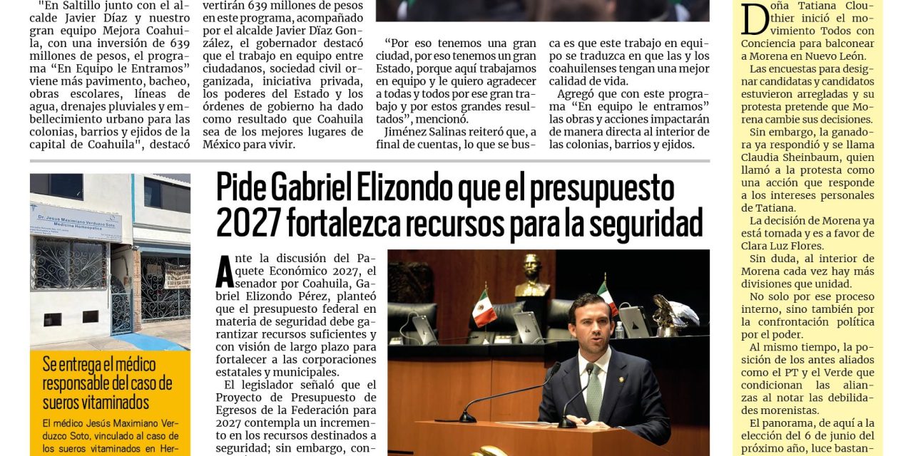 Portada RCG Lagunera [6 de octubre de 2026] ‘En Equipo le Entramos’ con grandes obras: Manolo Jiménez; pide Gabriel Elizondo que el presupuesto 2027 fortalezca recursos para la seguridad y más…
