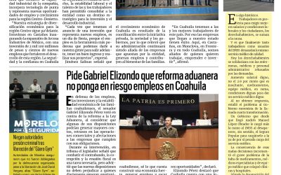 Portada RCG Lagunera [14 de octubre de 2026] Inversión millonaria genera cientos de empleos en la región Centro; pide Gabriel Elizondo que reforma aduanera no ponga en riesgo empleos en Coahuila y más…
