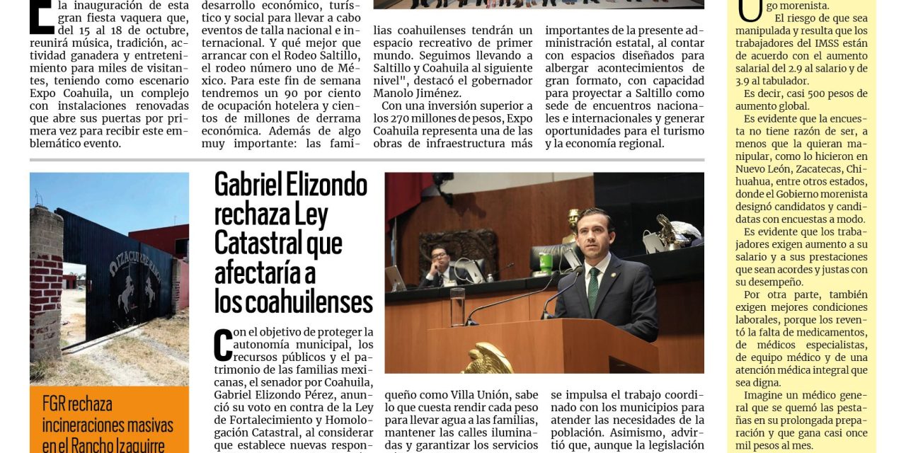 Portada RCG Lagunera [15 de octubre de 2026] ´Expo Coahuila, un proyecto de desarrollo económico, turístico y social’; Gabriel Elizondo rechaza Ley Catastral que afectaría a los coahuilenses y más…
