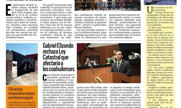 Portada RCG Lagunera [15 de octubre de 2026] ´Expo Coahuila, un proyecto de desarrollo económico, turístico y social’; Gabriel Elizondo rechaza Ley Catastral que afectaría a los coahuilenses y más…