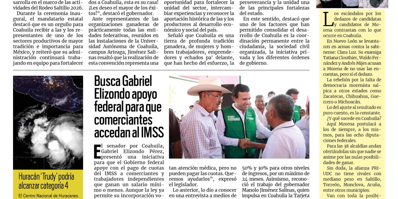 Portada RCG Lagunera [16 de octubre de 2026] Desde Coahuila, unidos para fortalecer la ganadería de México: Manolo; busca Gabriel Elizondo apoyo federal para que comerciantes accedan al IMSS y más…