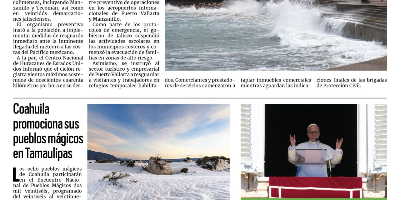 Portada RCG Nacional e Internacional [12 de octubre de 2026] Huracán ‘Simón’ podría impactar en los estados de Colima y Jalisco; Coahuila promociona sus pueblos mágicos en Tamaulipas y más…