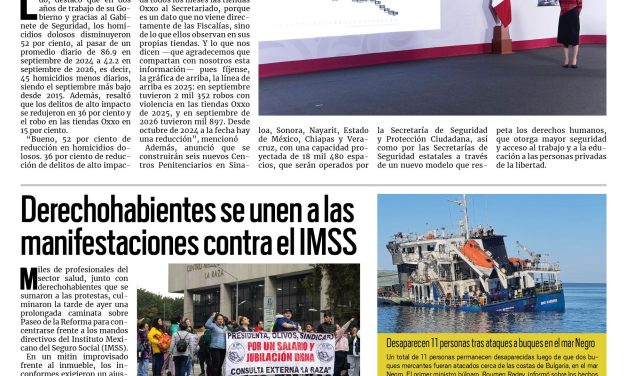 Portada RCG Nacional e Internacional [14 de octubre de 2026] Homicidios dolosos y delitos de alto impacto disminuyeron en todo el país; derechohabientes se unen a las manifestaciones contra el IMSS y más…