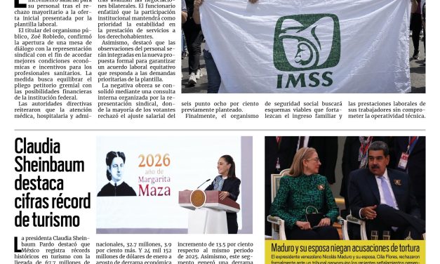 Portada RCG Nacional e Internacional [16 de octubre de 2026] IMSS propondrá mejora salarial para sus trabajadores; Claudia Sheinbaum destaca cifras récord de turismo y más…