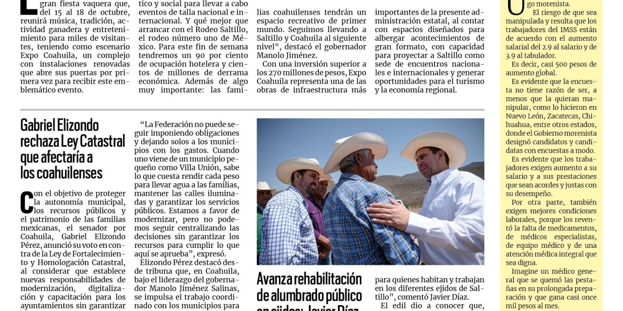 Portada RCG Media [15 de octubre de 2026] ´Expo Coahuila, un proyecto de desarrollo económico, turístico y social’; Gabriel Elizondo rechaza Ley Catastral que afectaría a los coahuilenses y más…