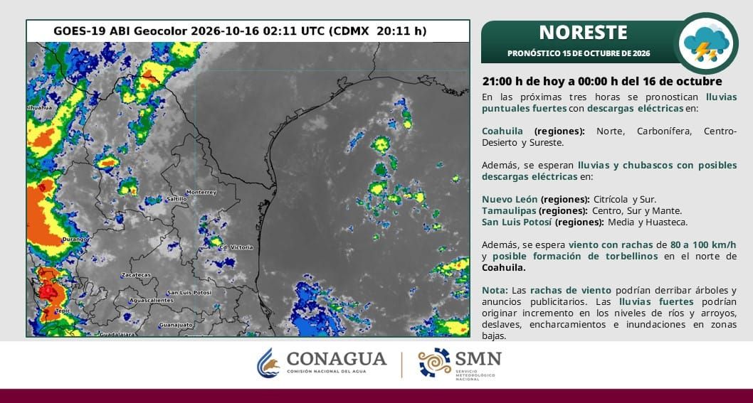 Pronostican lluvias intensas y fuertes vientos para hoy en Coahuila